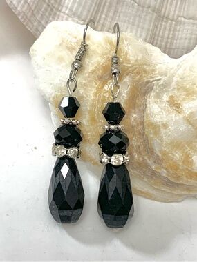 Black Harlequin Teardrop Austrian Crystal Beaded Earrings